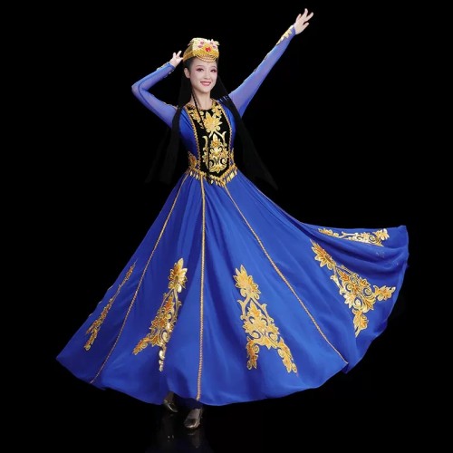 royal blue Xinjiang dance dresses female minority wind Xinjiang Uyghur dance costumes performance practice big swing skirt